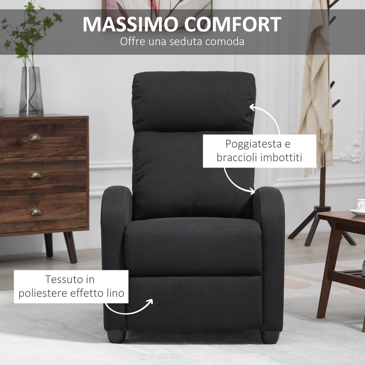 easycomfort easycomfort poltrona reclinabile con poggiapiedi e braccioli in tessuto effetto lino e metallo 69 2x88 3x101 cm nero