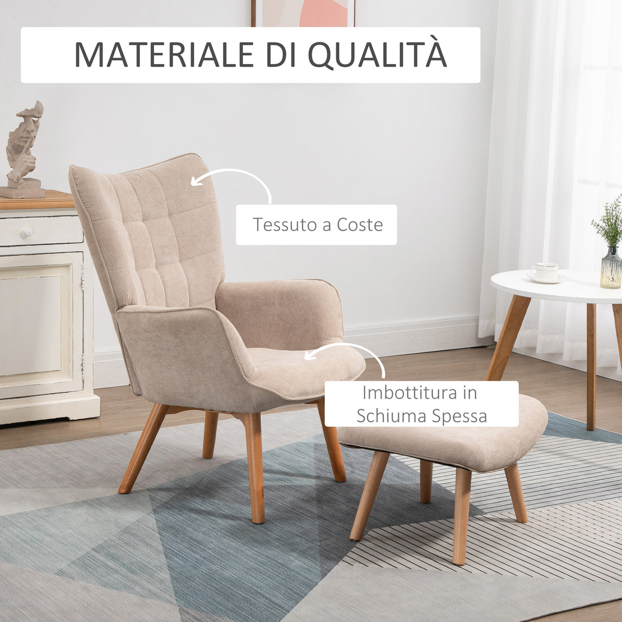 easycomfort easycomfort poltrona relax con pouf poggiapiedi in velluto a costine con schienale alto e braccioli beige