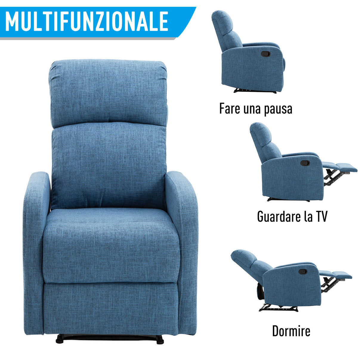 easycomfort easycomfort poltrona relax reclinabile manuale con poggiapiedi portata 125kg tessuto di lino 67 83 107cm blu ean 8055776912165