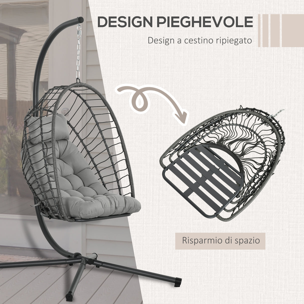 easycomfort easycomfort poltrona sospesa in rattan pe con cuscino seduta pieghevole e struttura in acciaio grigio