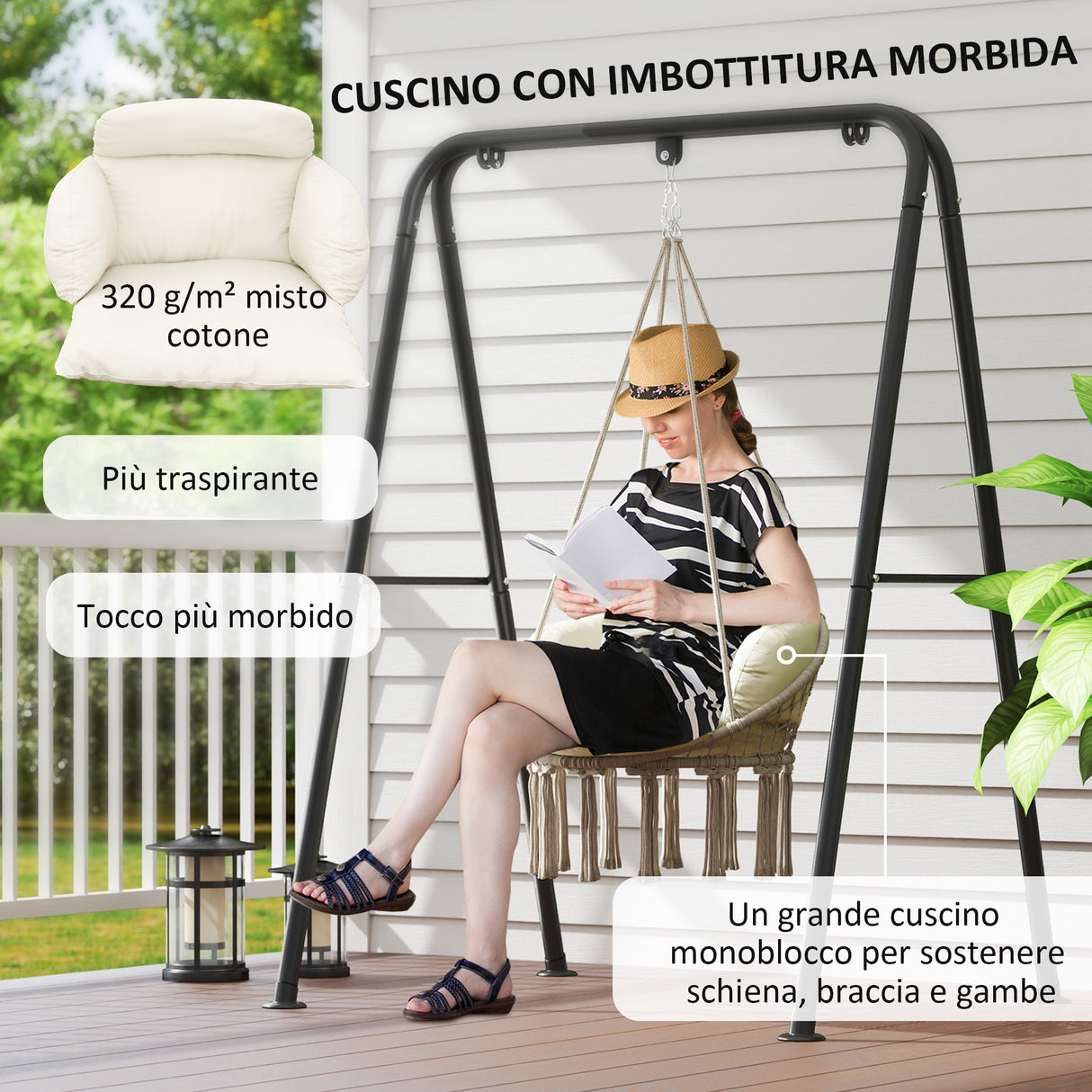 easycomfort easycomfort poltrona sospesa in stile boho con cuscino in acciaio cotone e poliestere 80x60x40 cm bianco crema