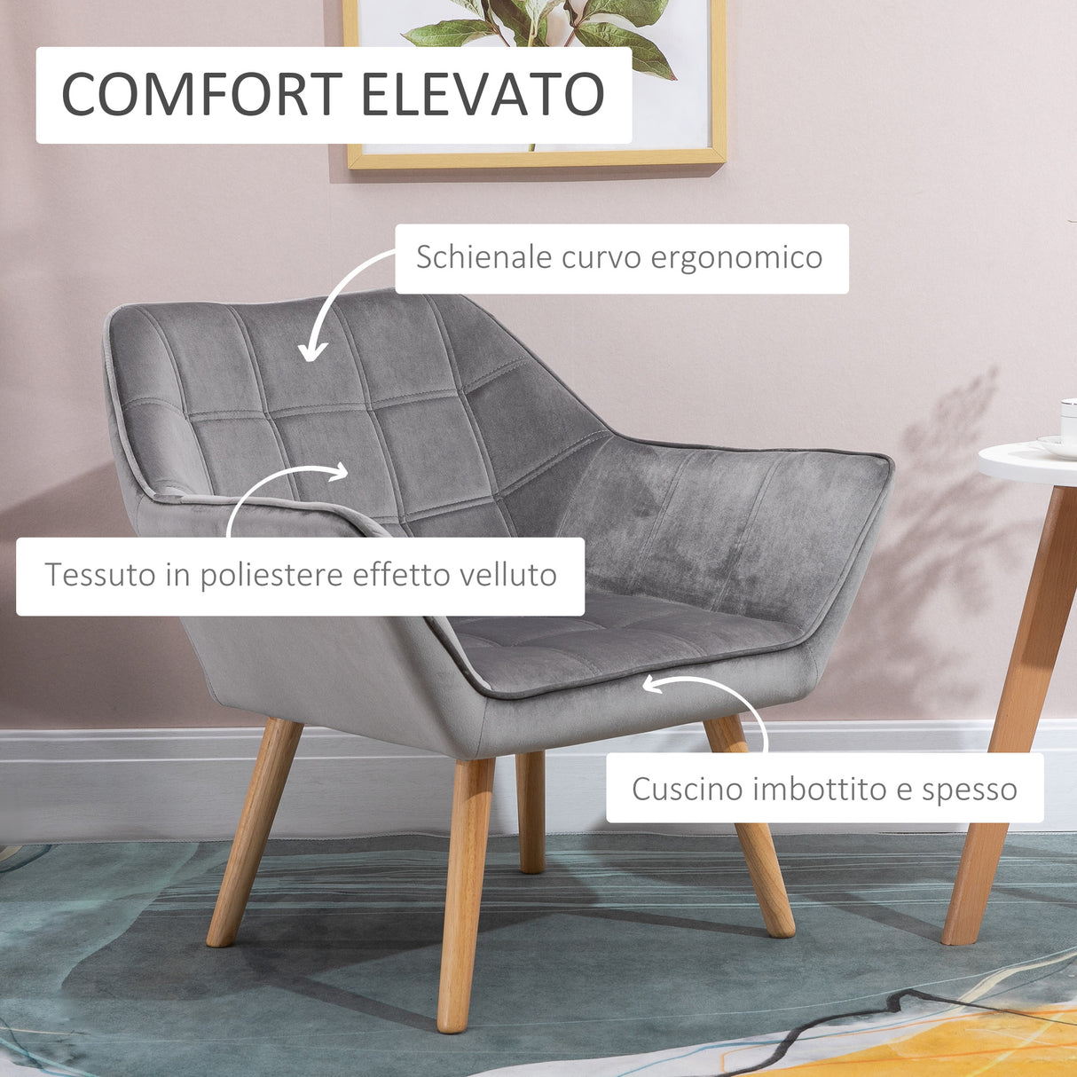 easycomfort easycomfort poltroncina stile nordico in legno ed effetto velluto grigio per soggiorno o ufficio 67x61 5x71 cm