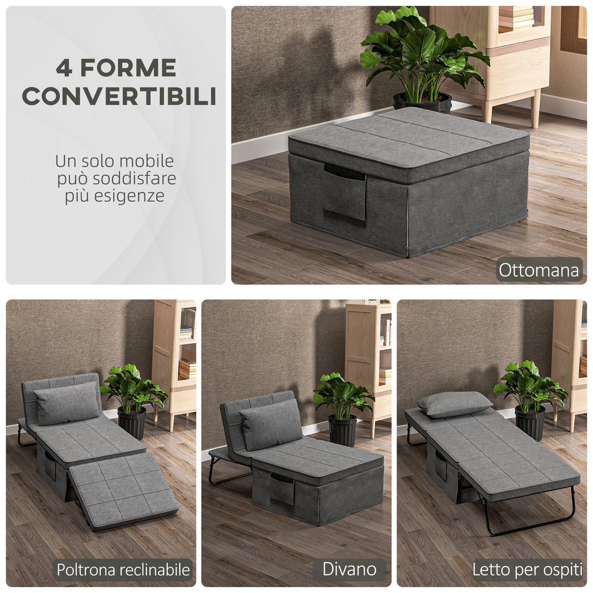 easycomfort easycomfort pouf letto pieghevole multiuso 4 in 1 con schienale reclinabile a 5 livelli grigio