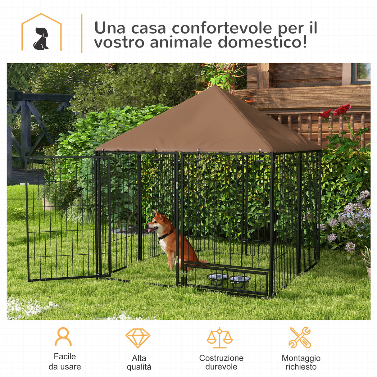 easycomfort easycomfort recinto per cani in metallo e tessuto oxford con porticina per ciotole 141x141x151 cm nero e marrone