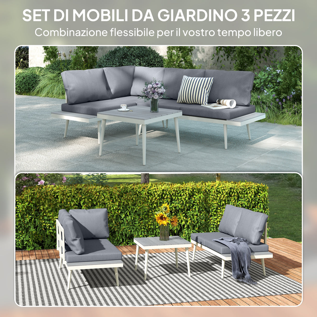 easycomfort easycomfort salotto da giardino con 2 divani con cuscini schienale regolabile a 5 livelli e tavolino a doghe grigio