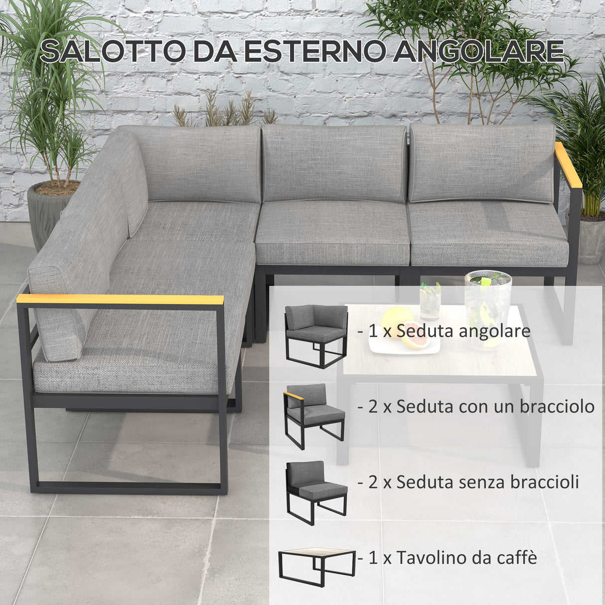 easycomfort easycomfort salotto da giardino con divano e tavolino in alluminio con cuscini imbottiti grigio