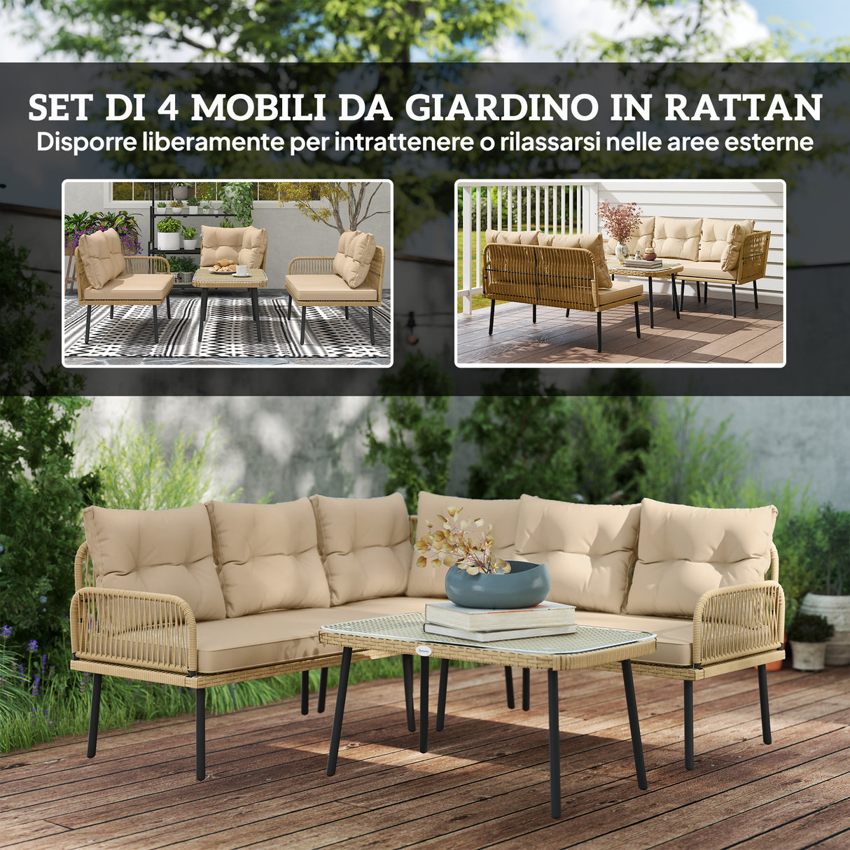 easycomfort easycomfort salotto da giardino in rattan 2 divanetti e poltrona angolare con cuscini tavolino in vetro colore legno