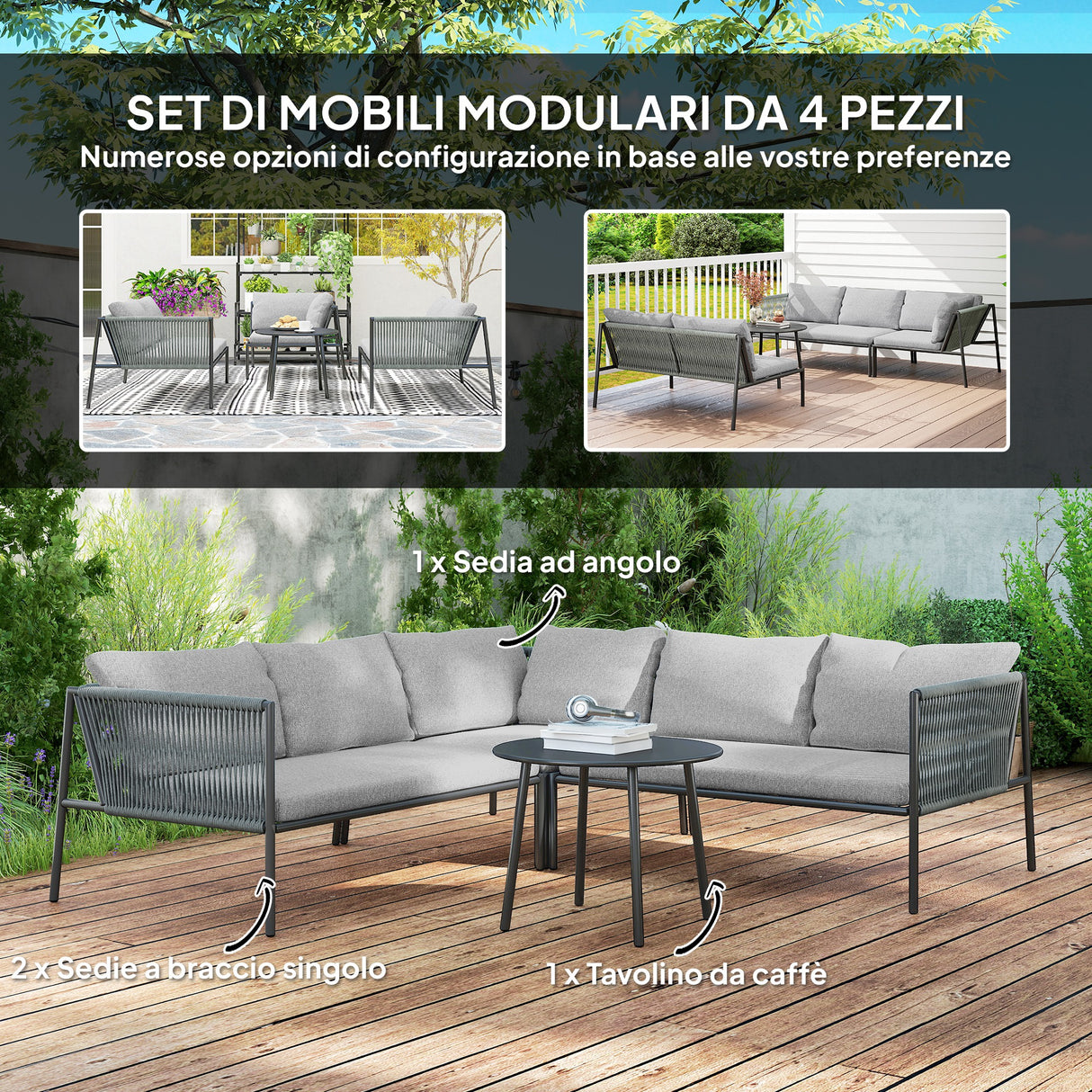 easycomfort easycomfort salotto da giardino in rattan con divano angolare modulabile tavolino da caffe e cuscini grigio