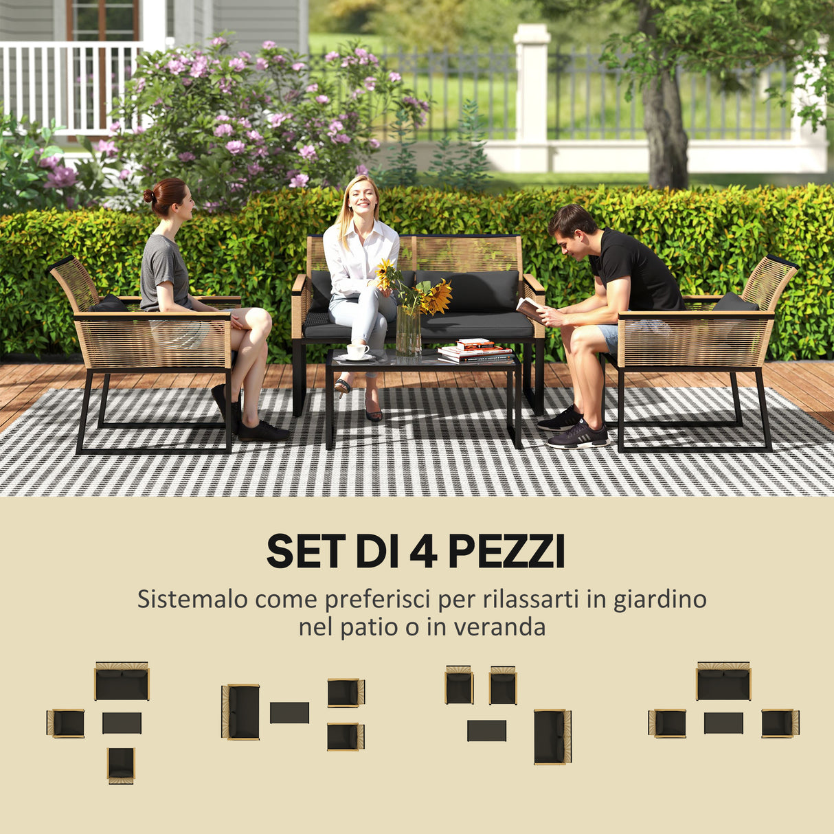 easycomfort easycomfort salotto da giardino in rattan pe con divano 2 posti 2 poltrone tavolino in vetro e cuscini nero