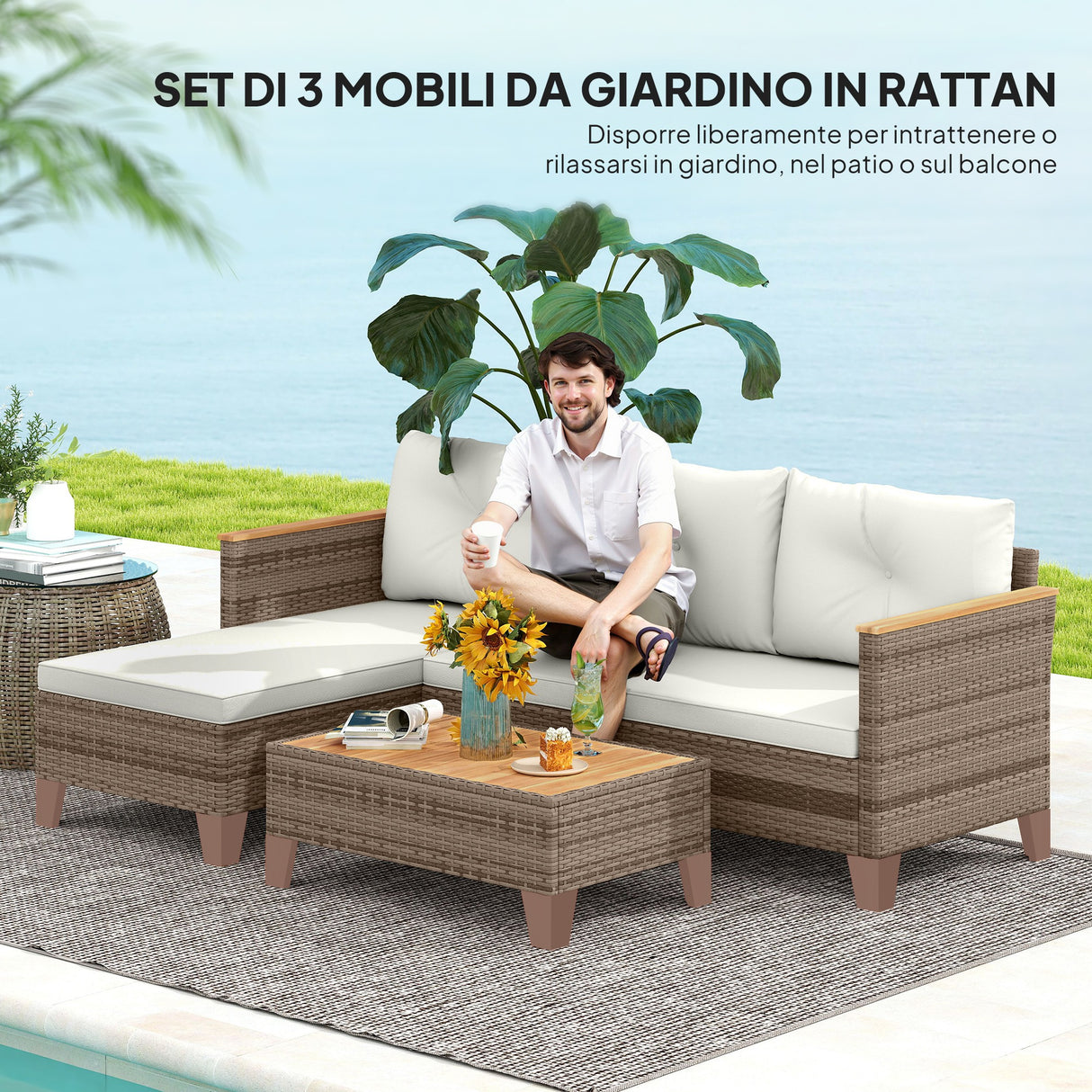 easycomfort easycomfort salotto da giardino in rattan pe con divano 2 posti chaise longue e tavolino da caffe crema