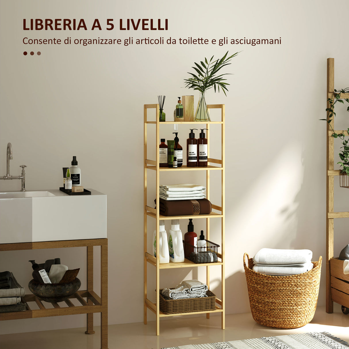 easycomfort easycomfort scaffale bagno a 5 ripiani regolabili in altezza in bambu 43 5x31 5x142 cm legno naturale