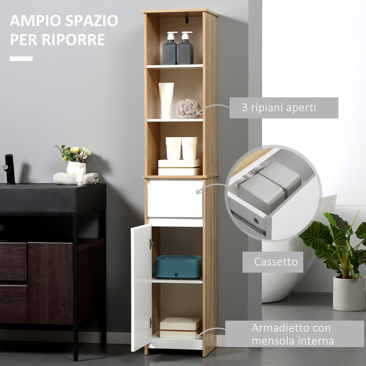 easycomfort easycomfort scaffale bagno salvaspazio in legno mobiletto a colonna con ripiani armadietto e cassetto bianco 32 6x30x171 2cm