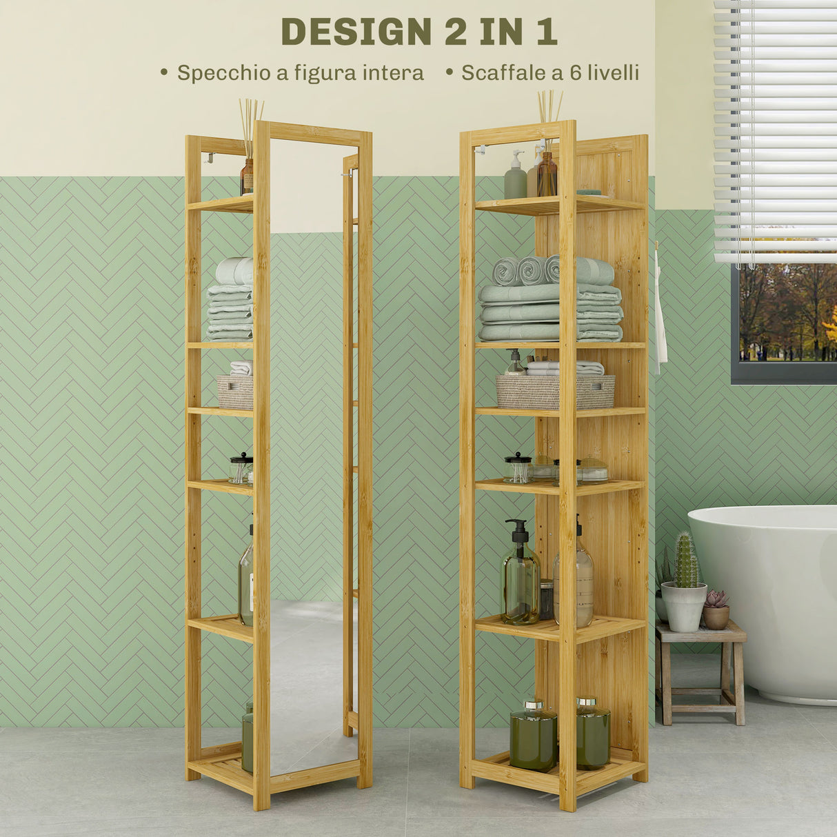 easycomfort easycomfort scaffale da bagno con specchio e 6 ripiani a doghe in bambu 35x35x168cm colore legno