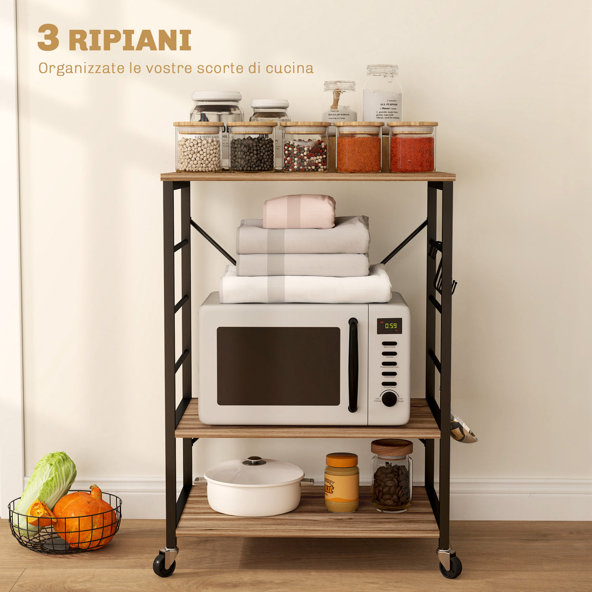 easycomfort easycomfort scaffale da cucina a 3 livelli stile industriale con ruote e 4 ganci struttura in acciaio 60x40x84 cm teak