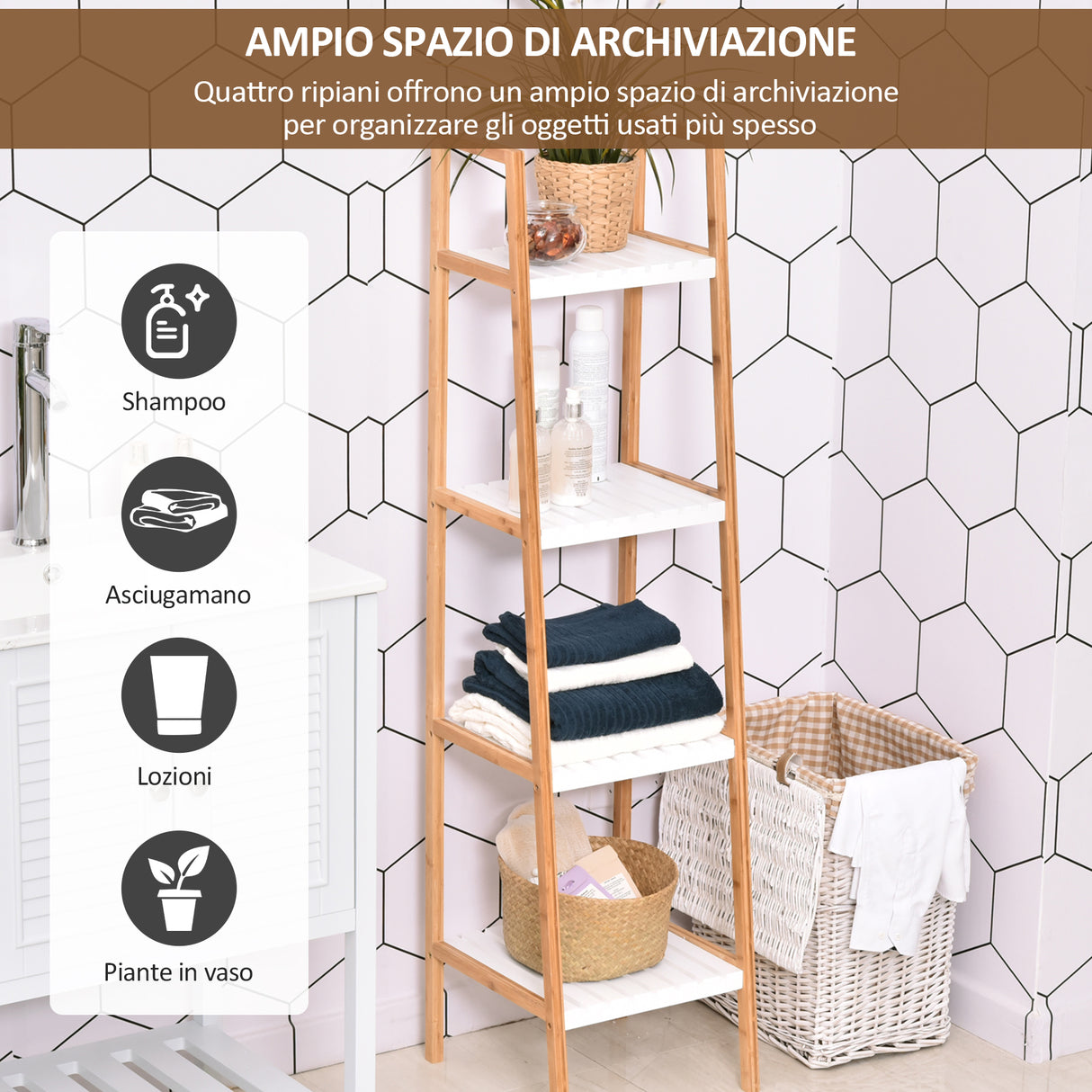 easycomfort easycomfort scaffale per il bagno a scala con 4 ripiani in legno di pino e bambu 35x36x138 5 cm bianco e legno
