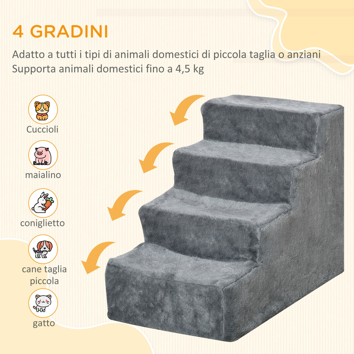 easycomfort easycomfort scaletta per cani portatile a 4 gradini in flanella sfoderabile e truciolato 60x35x44 cm grigio