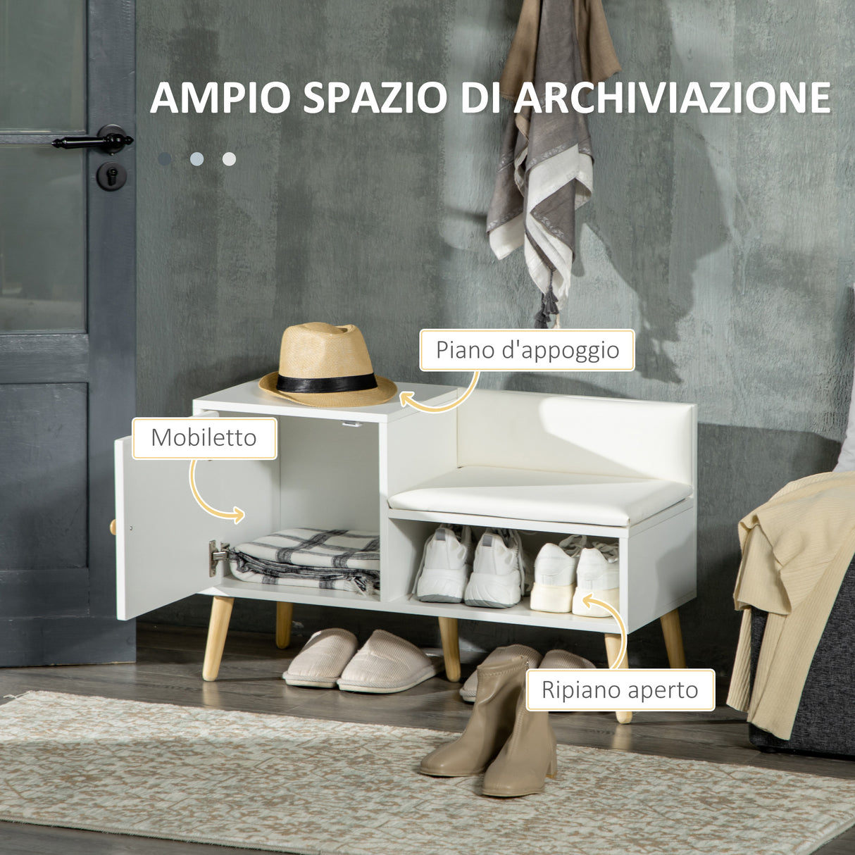 easycomfort easycomfort scarpiera da ingresso con seduta imbottita e armadietto per 4 paia di scarpe 80x33x49cm bianco