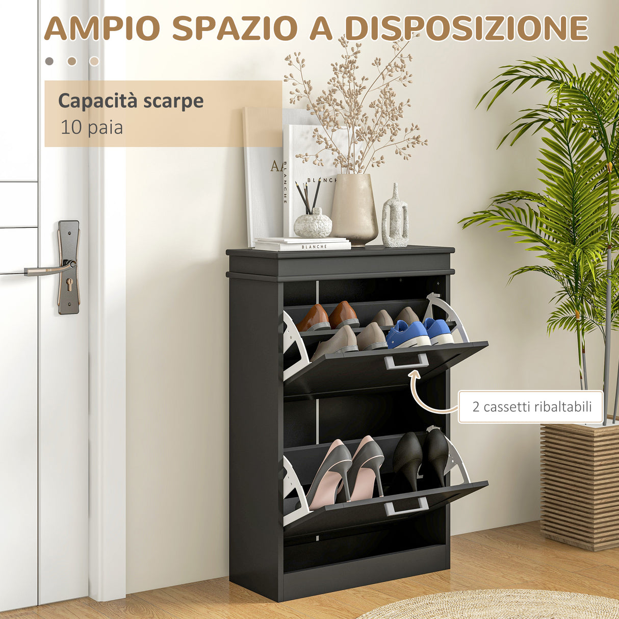 easycomfort easycomfort scarpiera moderna con 2 cassetti ribaltabili per 10 paia di scarpe e ripiano regolabile 54x24x82 5cm nero