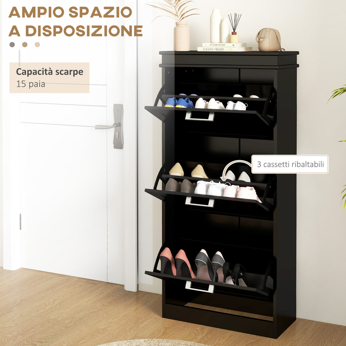 easycomfort easycomfort scarpiera moderna con 3 cassetti ribaltabili per 15 paia di scarpe e ripiano regolabile 54x24x117 5cm nero
