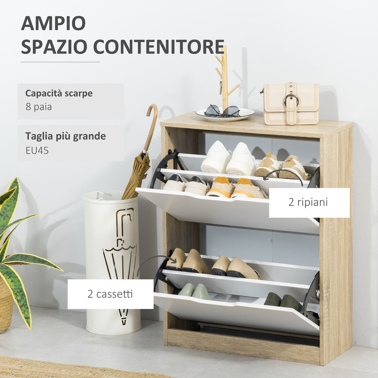 easycomfort easycomfort scarpiera salvaspazio slim a 2 cassetti per 8 paia di scarpe 62 5x26x81 cm legno e bianco