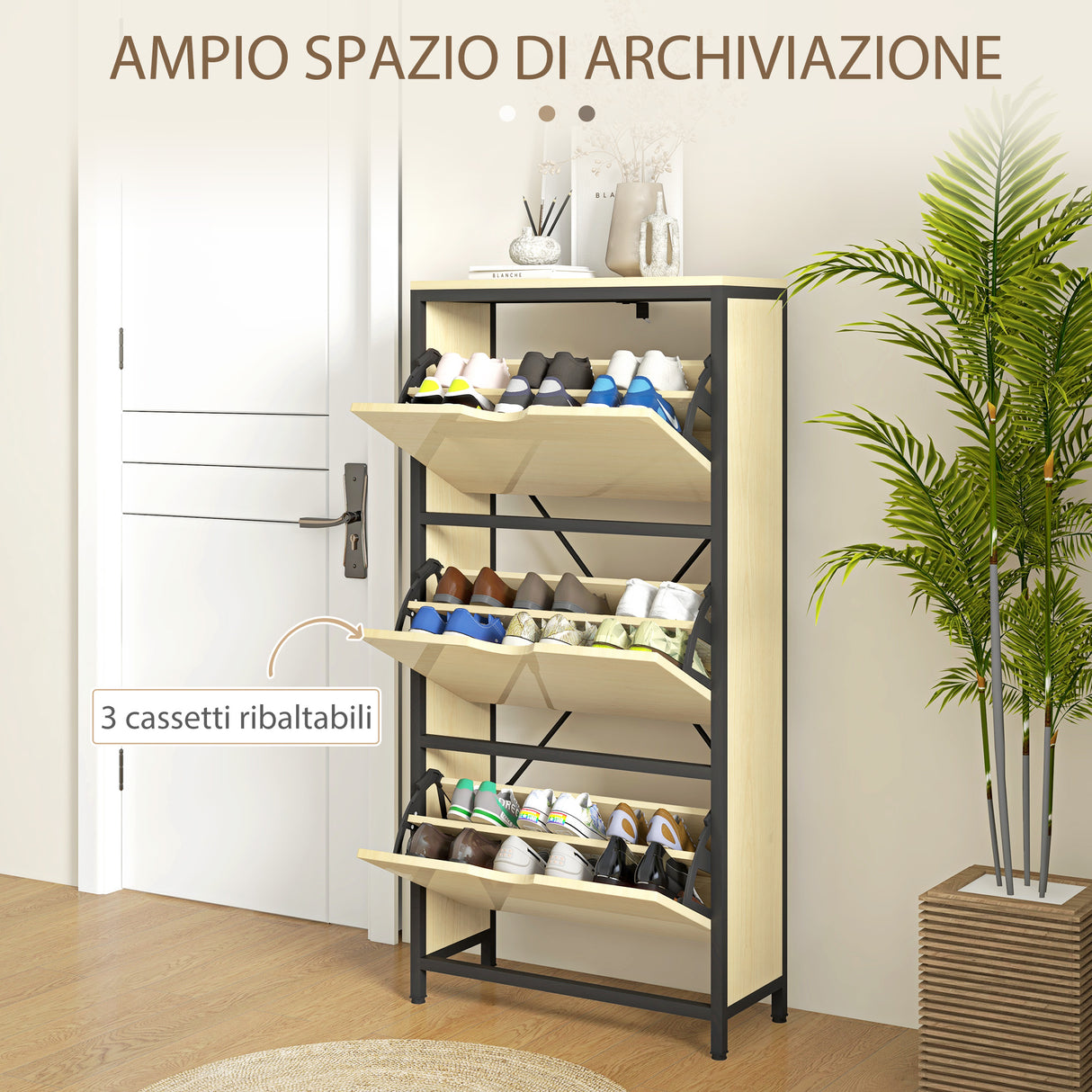 easycomfort easycomfort scarpiera slim con 3 cassetti e ripiani regolabili per 18 paia di scarpe 60x24x124cm rovere