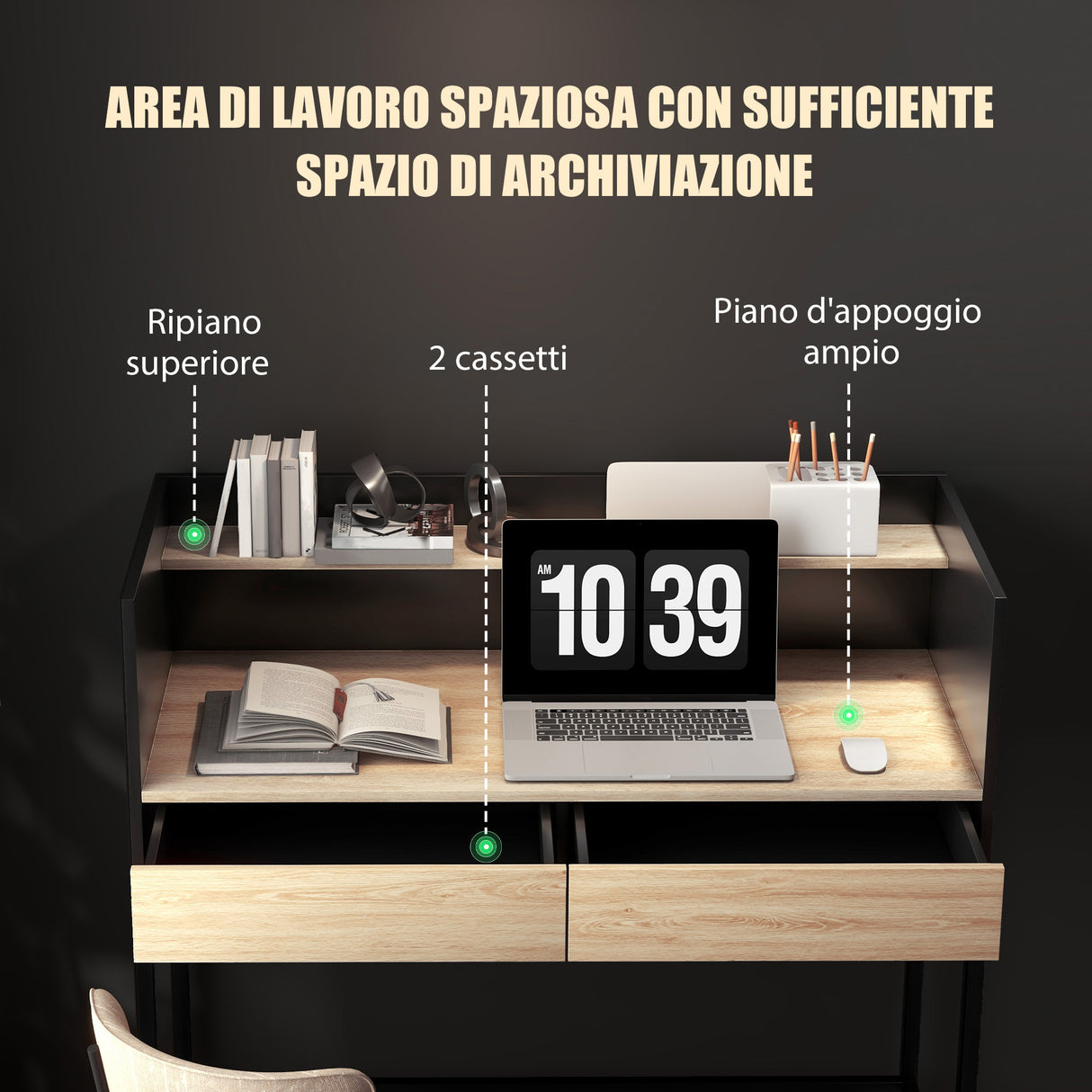 easycomfort easycomfort scrivania 2 cassetti con ripiano superiore in legno e acciaio 106x51 5x102 5 cm nero e color quercia