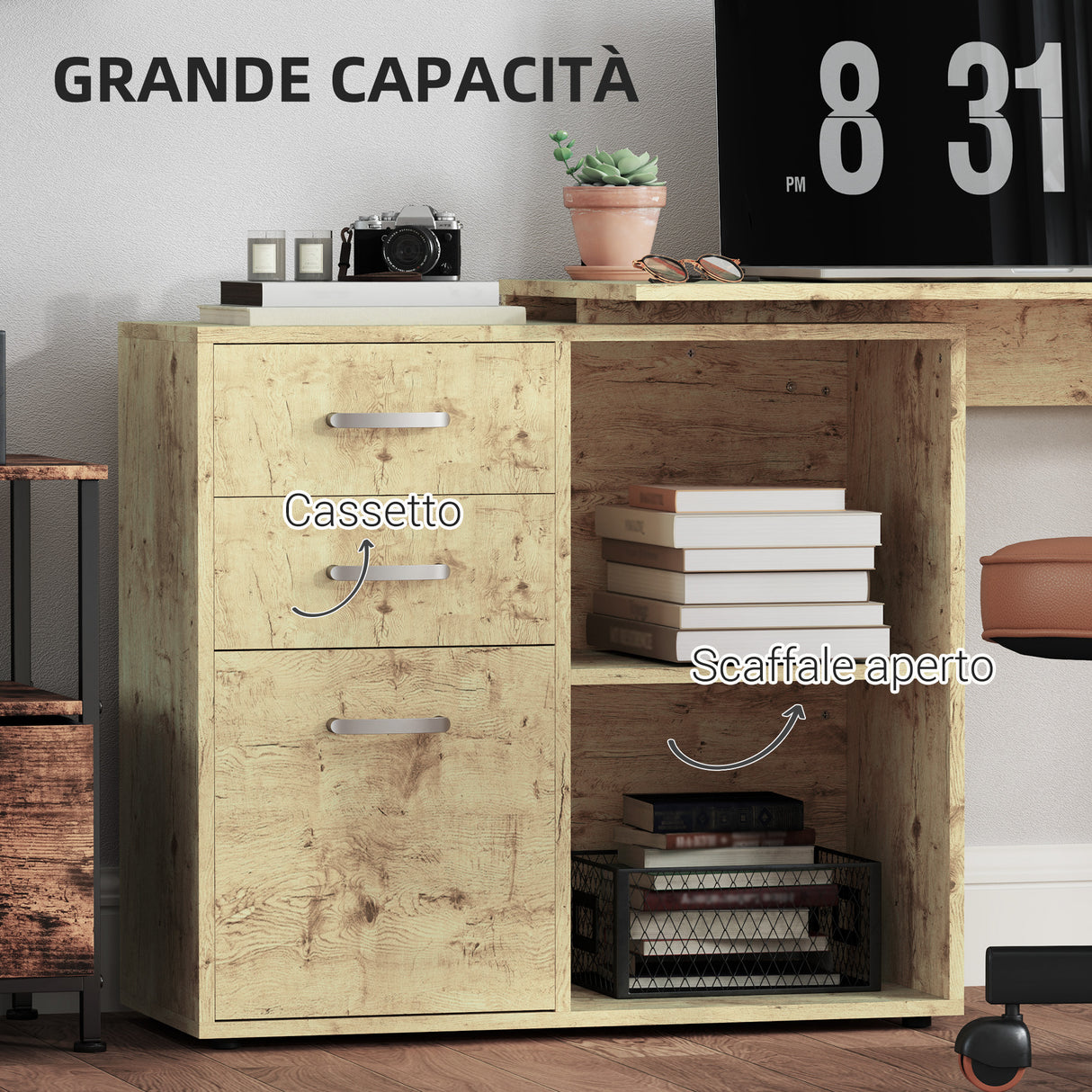easycomfort easycomfort scrivania angolare per pc con 3 cassetti e ripiani aperti in legno e metallo 117x83 5x76 cm noce