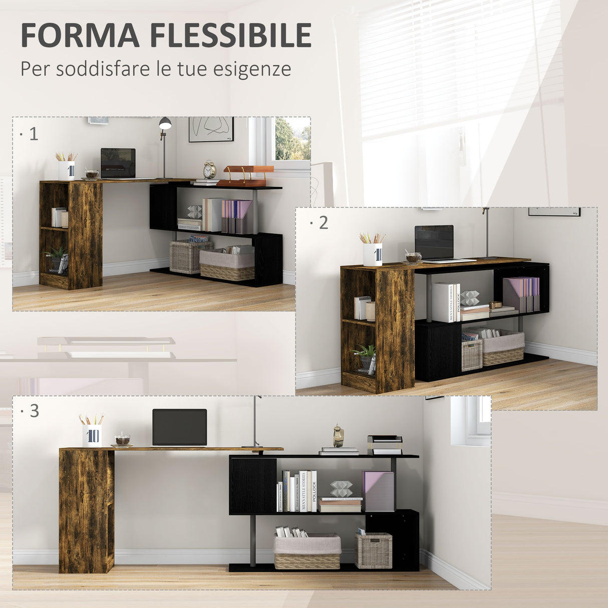 easycomfort easycomfort scrivania angolare salvaspazio con ripiano a s in legno 140x120x78 cm color marrone e nero