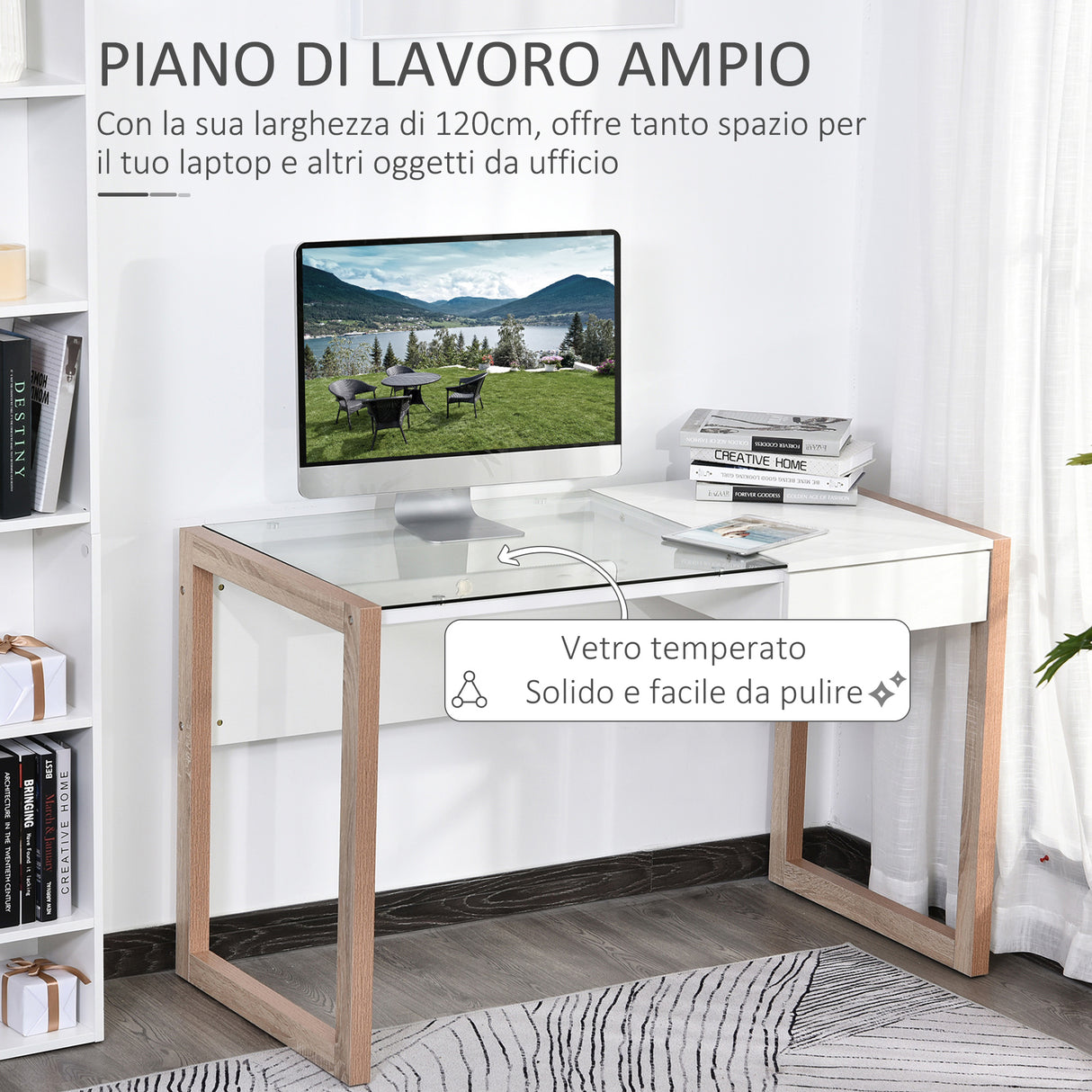easycomfort easycomfort scrivania moderna di design in legno e vetro temperato con cassetto bianca e color legno per ufficio 120x60x75cm ean 8054144130002