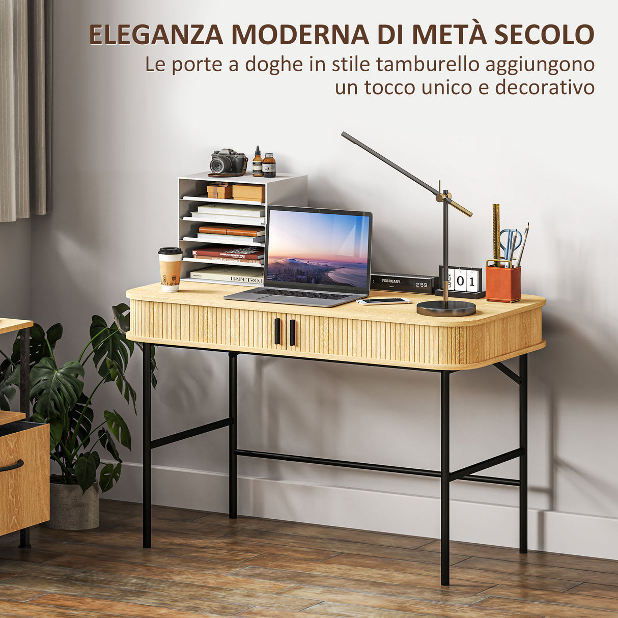 easycomfort easycomfort scrivania per camera e ufficio con ante scanalate legno e acciaio 120x60x76 5cm rovere e nero