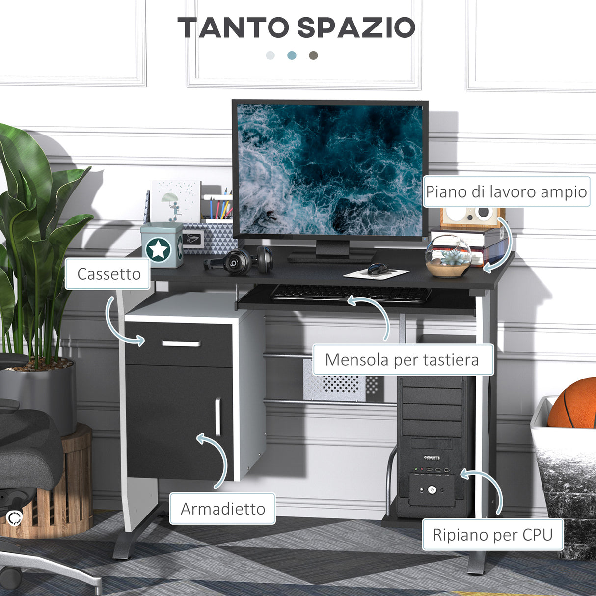 easycomfort easycomfort scrivania per computer con ripiano cassetto e armadietto in mdf e ferro 100x52x75 cm bianca e nera