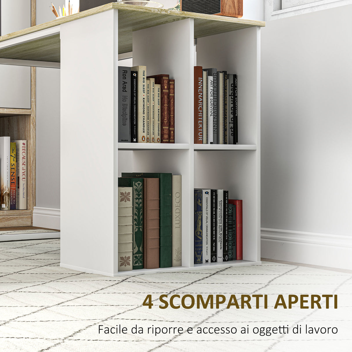 easycomfort easycomfort scrivania per computer salvaspazio con 4 ripiani aperti in legno e acciaio 120x54x75 cm bianco e rovere