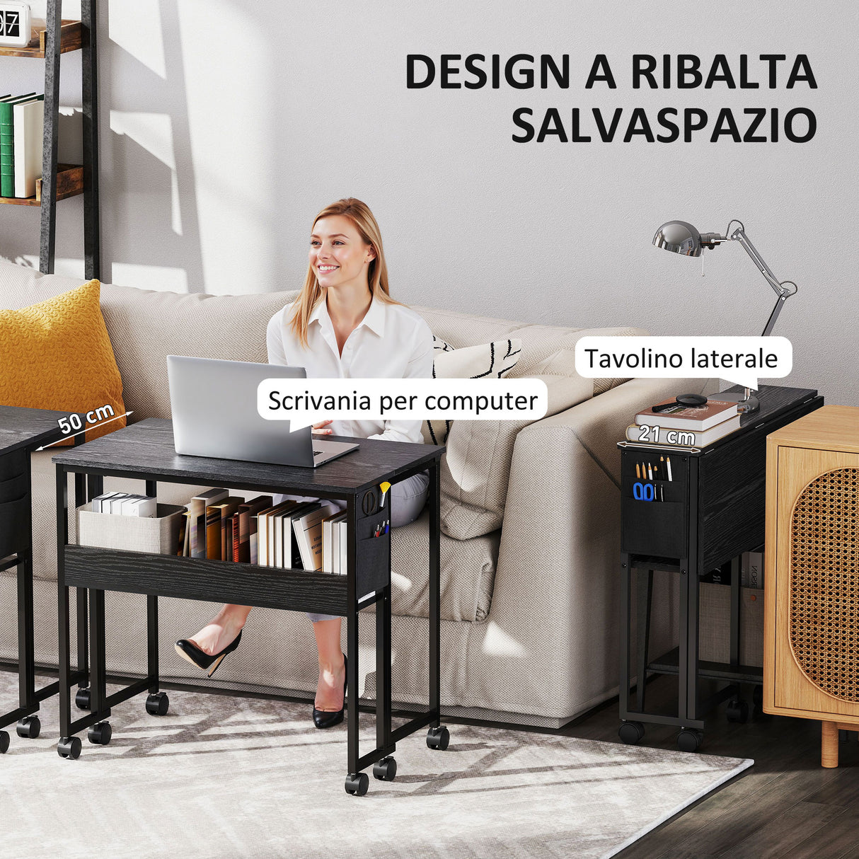 easycomfort easycomfort scrivania pieghevole salvaspazio a ribalta con scaffale tasca portaoggetti e ruote nero
