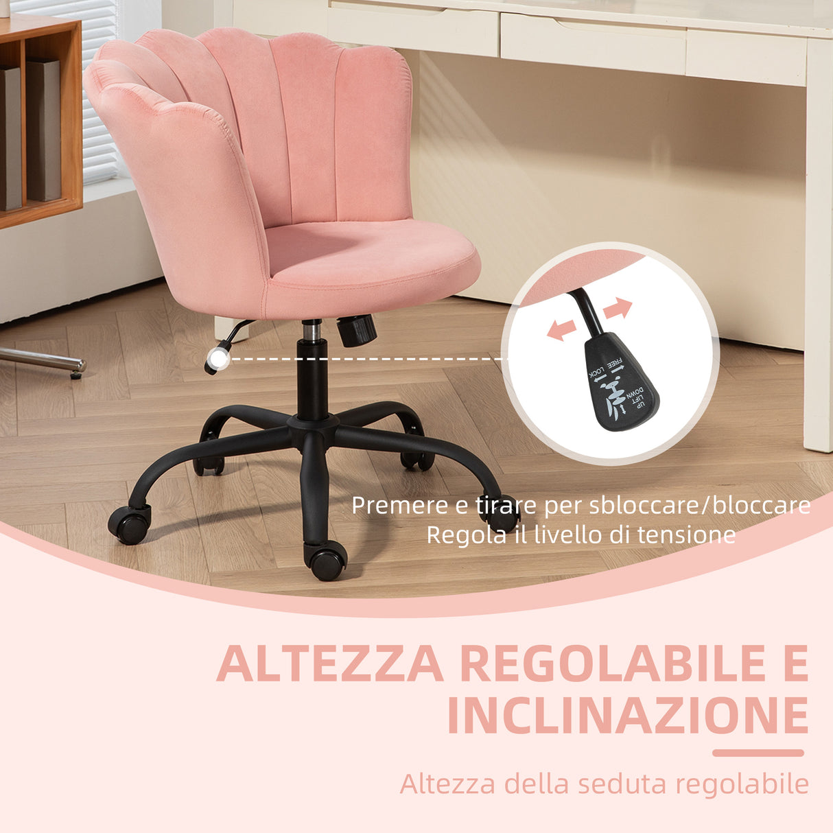 easycomfort easycomfort sedia da ufficio con schienale a petalo senza braccioli con altezza regolabile rivestimento in velluto rosa