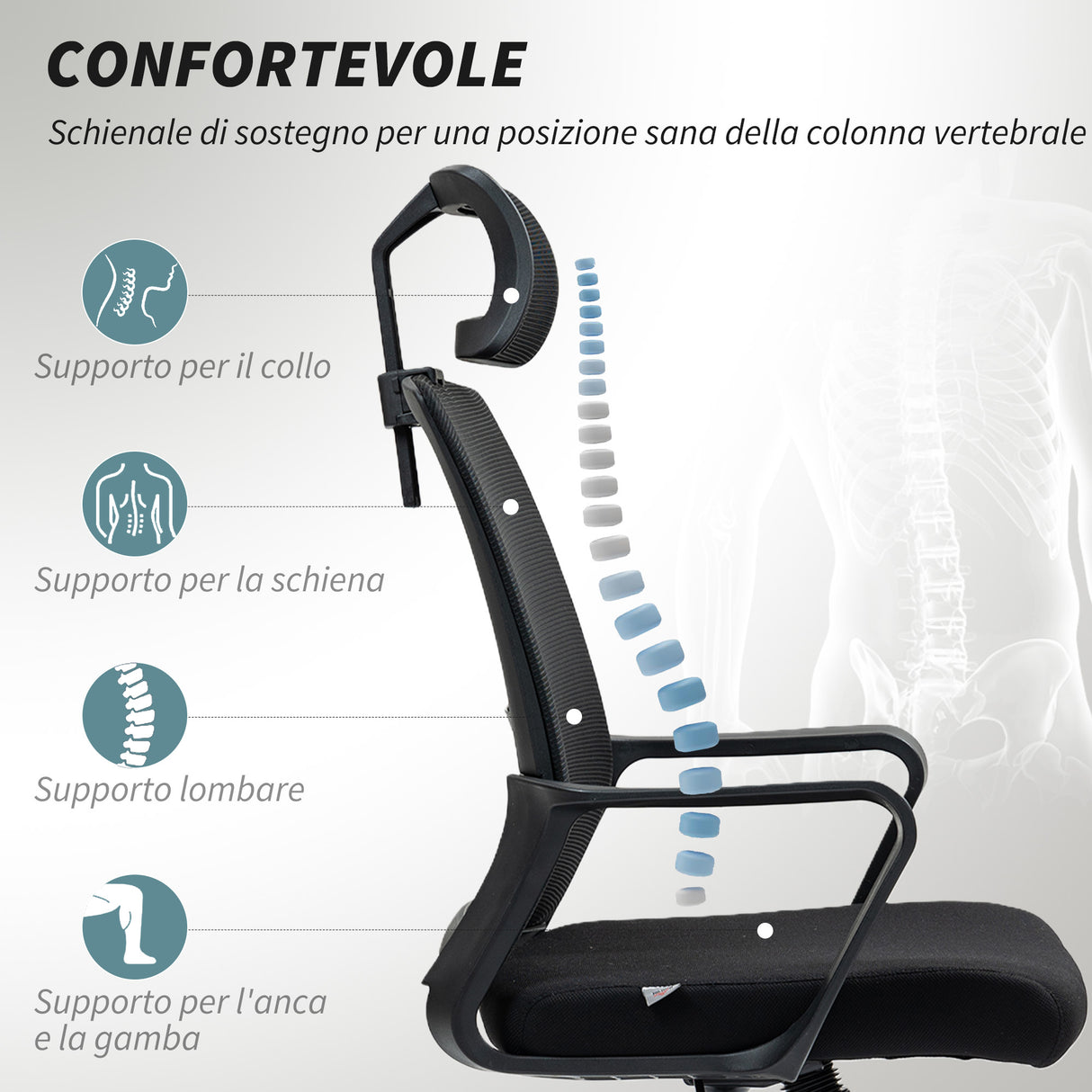easycomfort easycomfort sedia da ufficio ergonomica con poggiatesta e altezza regolabili funzione dondolo e ruote nero