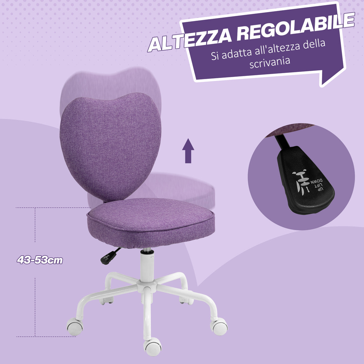 easycomfort easycomfort sedia per scrivania a cuore con 5 rotelle e altezza regolabile in tessuto 40x50x79 89cm viola