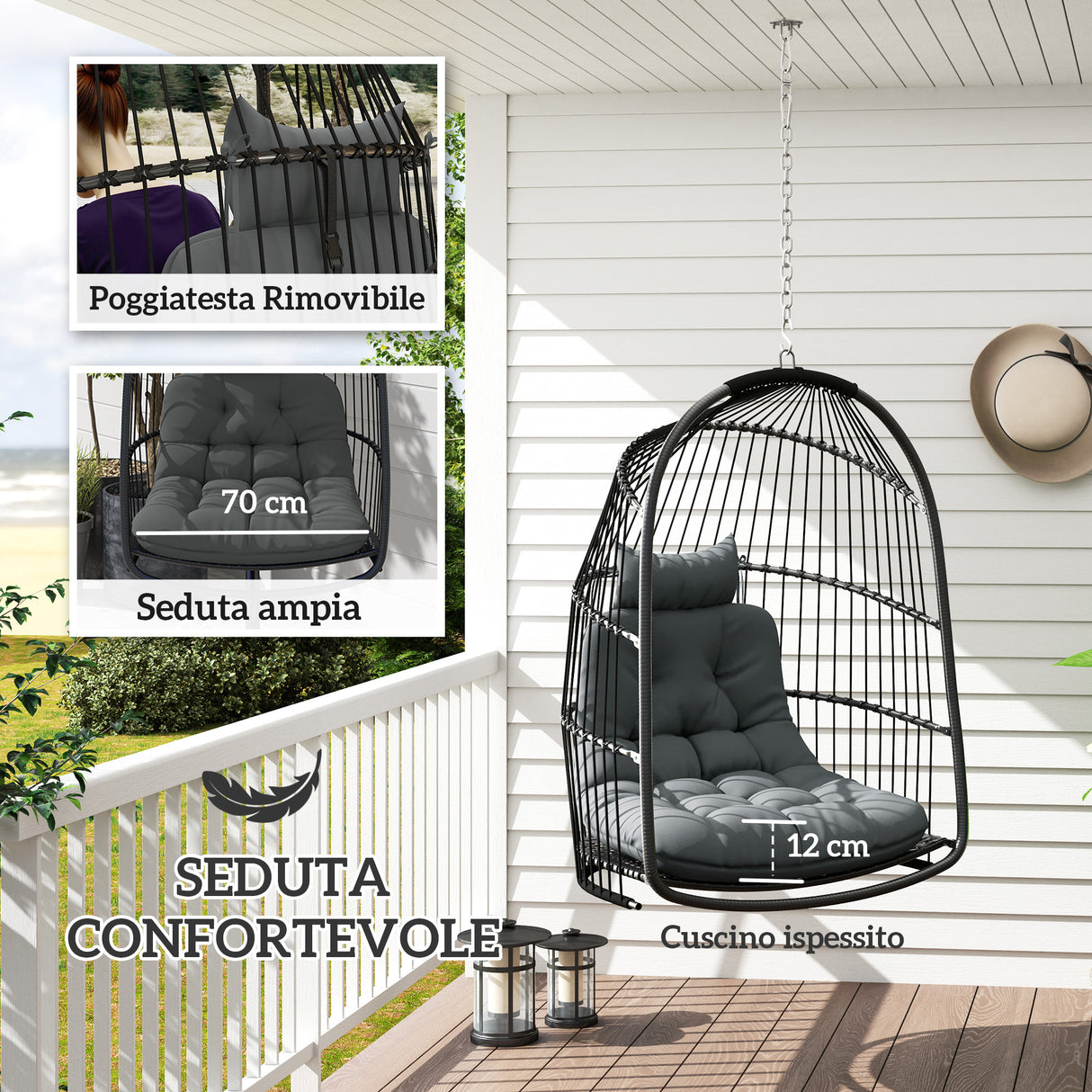 easycomfort easycomfort sedia sospesa a dondolo pieghevole da interno ed esterno con cuscino e poggiatesta grigio scuro