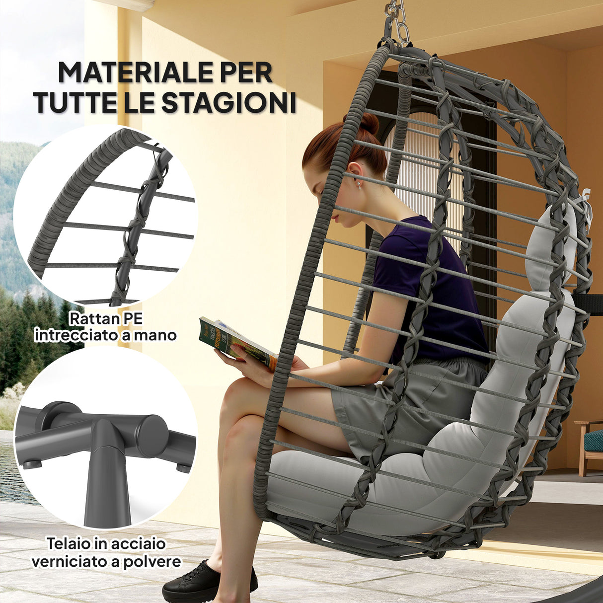 easycomfort easycomfort sedia sospesa in rattan a uovo con cuscino e poggiatesta altezza regolabile e seduta richiudibile grigio