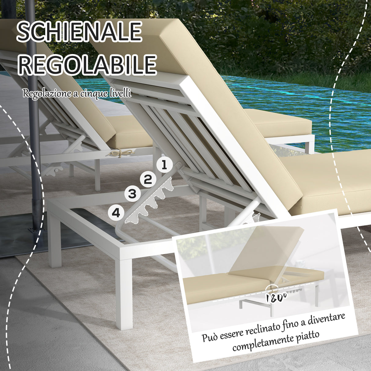 easycomfort easycomfort set 2 lettini prendisole con schienale regolabile e tavolino da giardino in vetro beige
