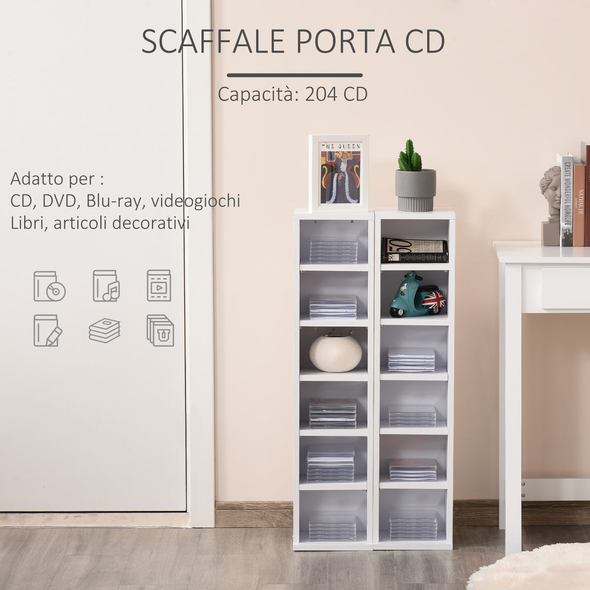 easycomfort easycomfort set 2 librerie scaffale porta cd e dvd a 12 ripiani totali per 204 cd in legno 21x22 5x88 5 cm bianco
