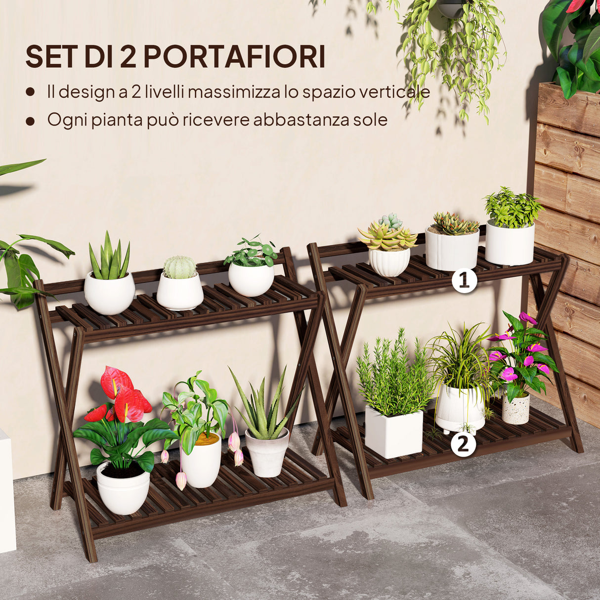 easycomfort easycomfort set 2 portapiante a 2 livelli con design a doghe in legno di abete 73x36x64 cm marrone bruciato