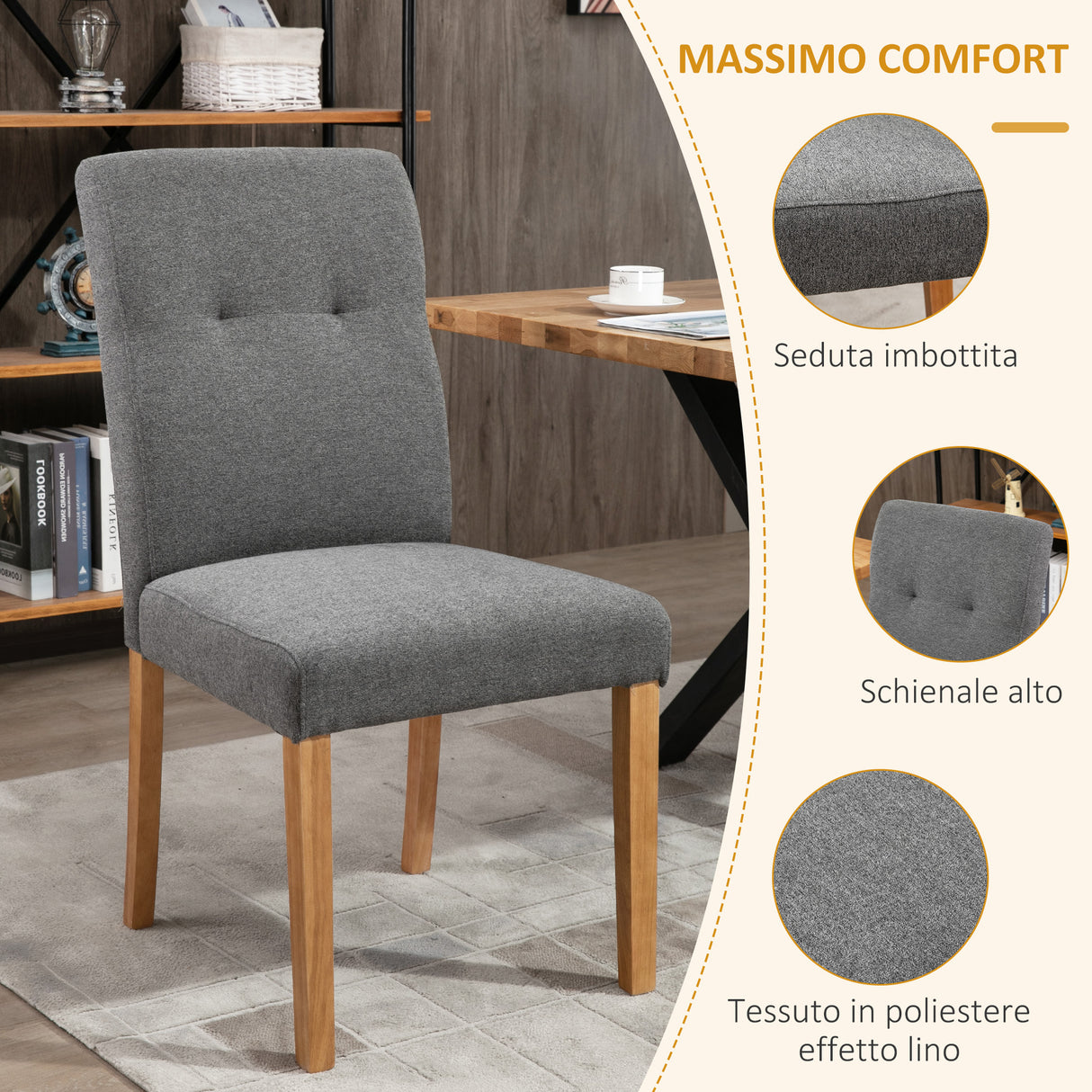 easycomfort easycomfort set 2 sedie da pranzo imbottite con schienale alto e gambe in legno 50x62x96 cm grigio scuro