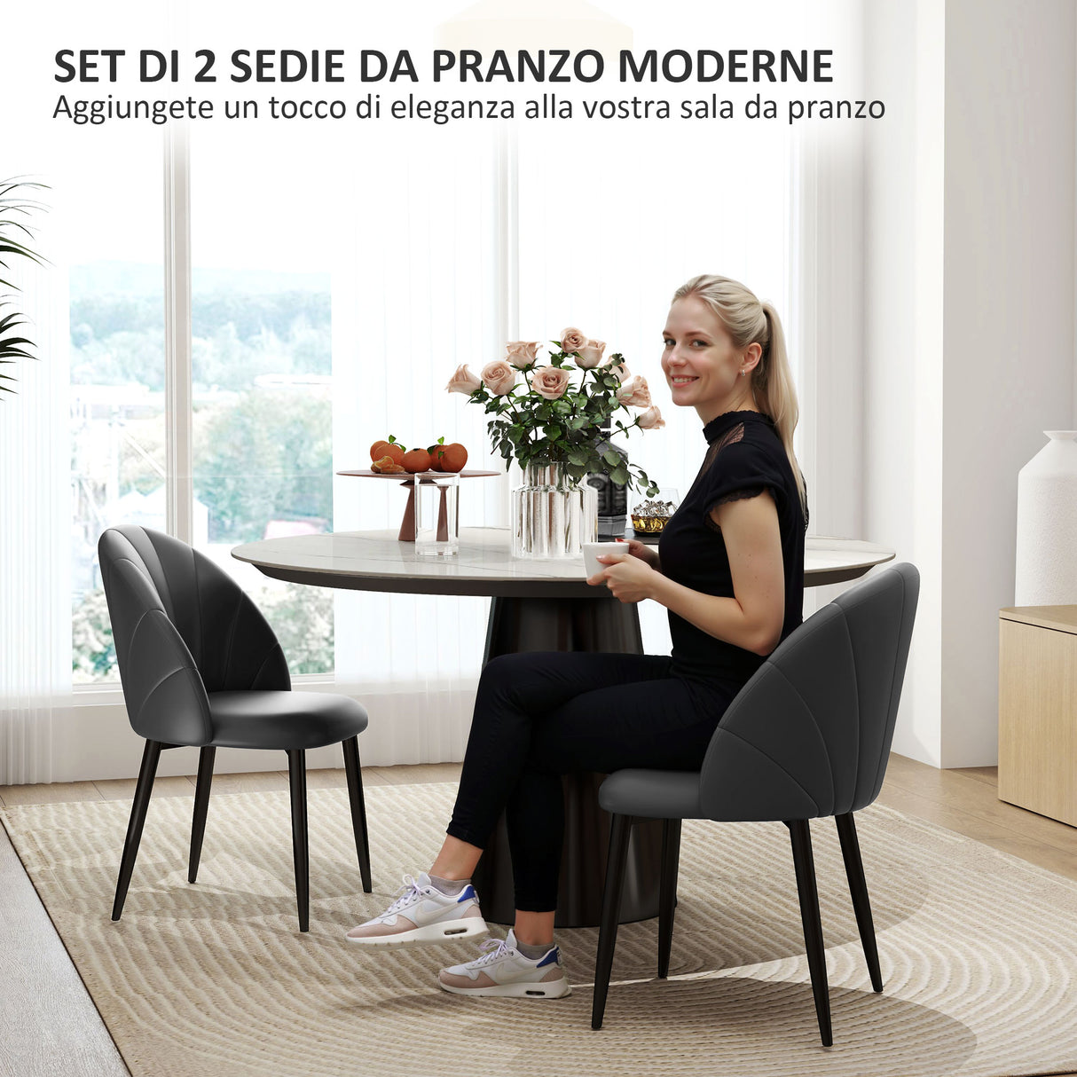 easycomfort easycomfort set 2 sedie da pranzo in pelle pu con gambe in metallo e schienale a conchiglia grigio scuro