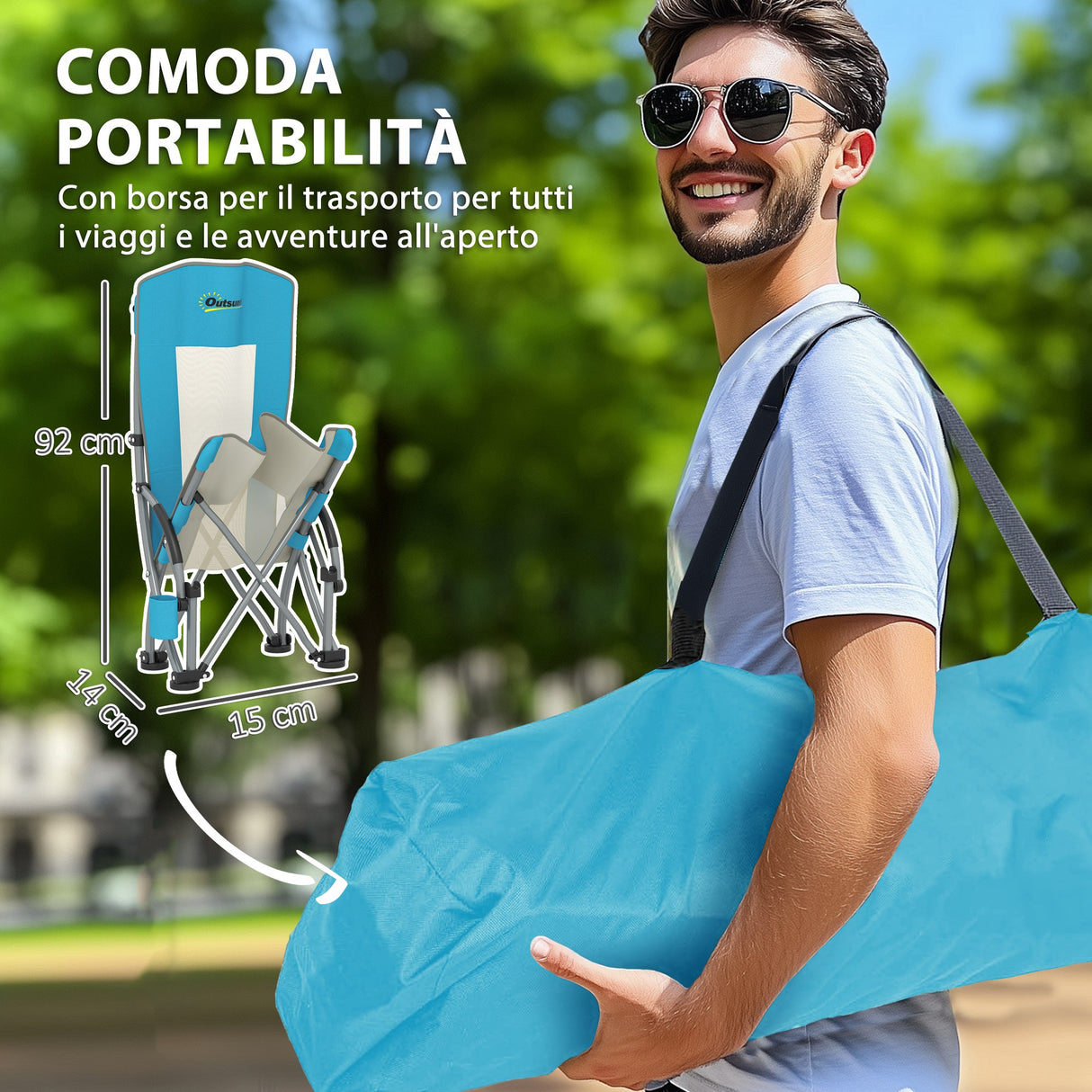 easycomfort easycomfort set 2 sedie da spiaggia pieghevoli con braccioli con portabicchieri e borsa di trasporto blu