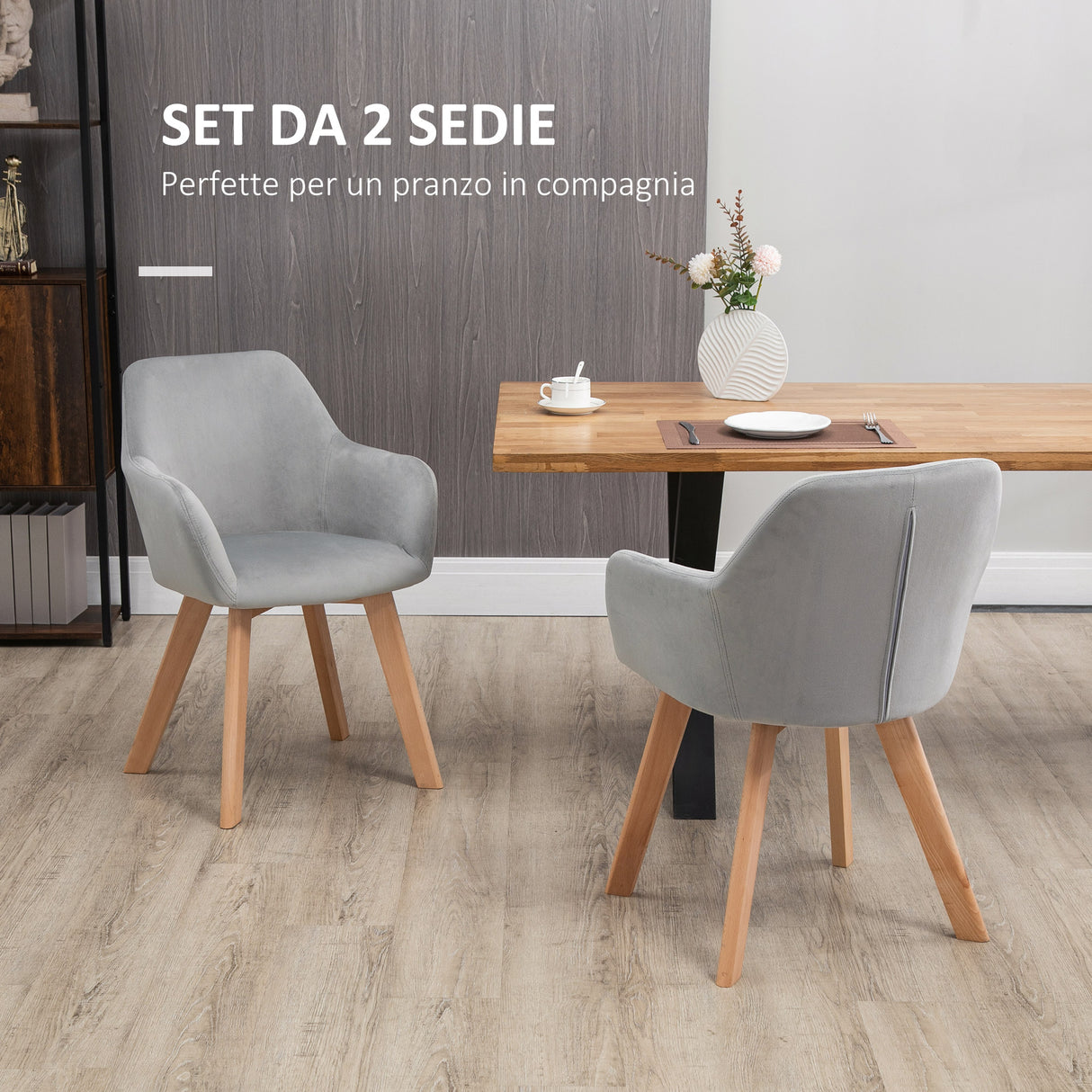 easycomfort easycomfort set 2 sedie per sala da pranzo imbottite in velluto con braccioli e gambe in legno grigio