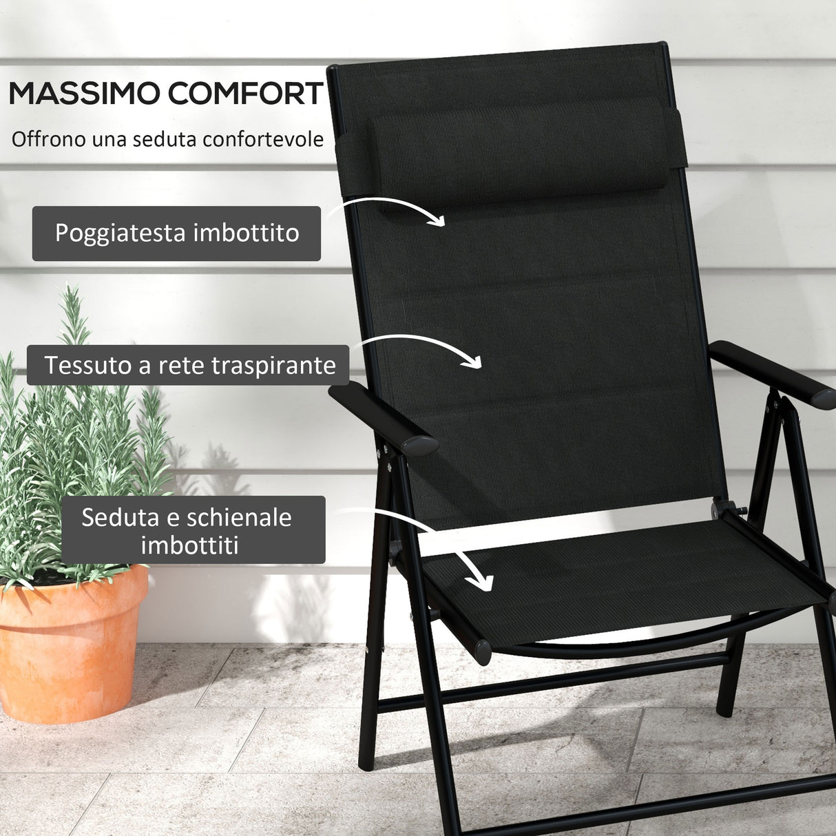 easycomfort easycomfort set 2 sedie pieghevoli con schienale reclinabile e poggiatesta in alluminio e poliestere 54x67x108 cm nero