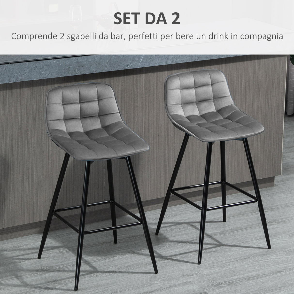 easycomfort easycomfort set 2 sgabelli alti in stile nordico con schienale e poggiapiedi sgabelli con schienale in tessuto effetto velluto e metallo 45x47x88 cm grigio ean 8054144138626