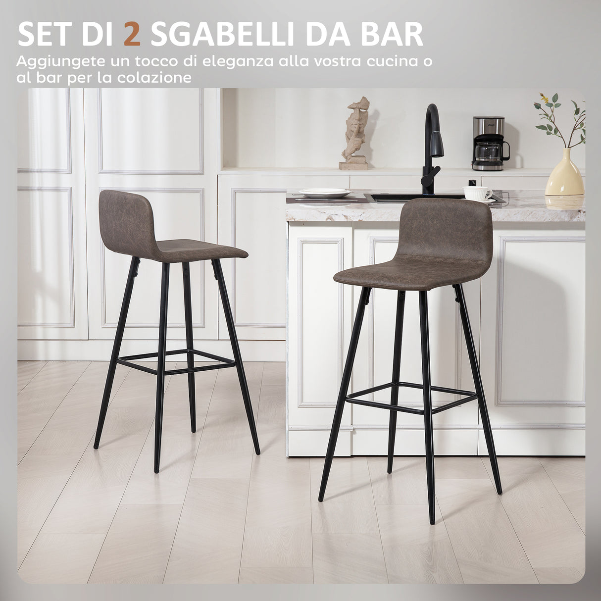 easycomfort easycomfort set 2 sgabelli bar con schienale basso e poggiapiedi rivestimento in pu e gambe in acciaio marrone scuro