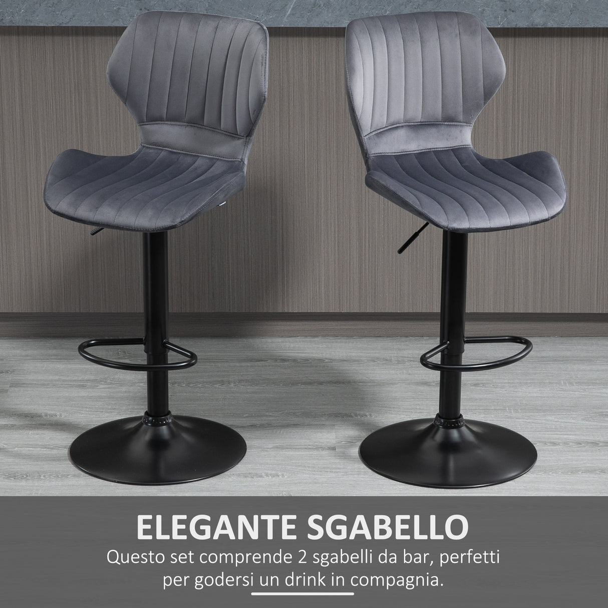 easycomfort easycomfort set 2 sgabelli da bar ad altezza regolabile con seduta ergonomica e poggiapiedi sgabelli alti in effetto velluto e metallo 47x51 5x92 114 cm grigio