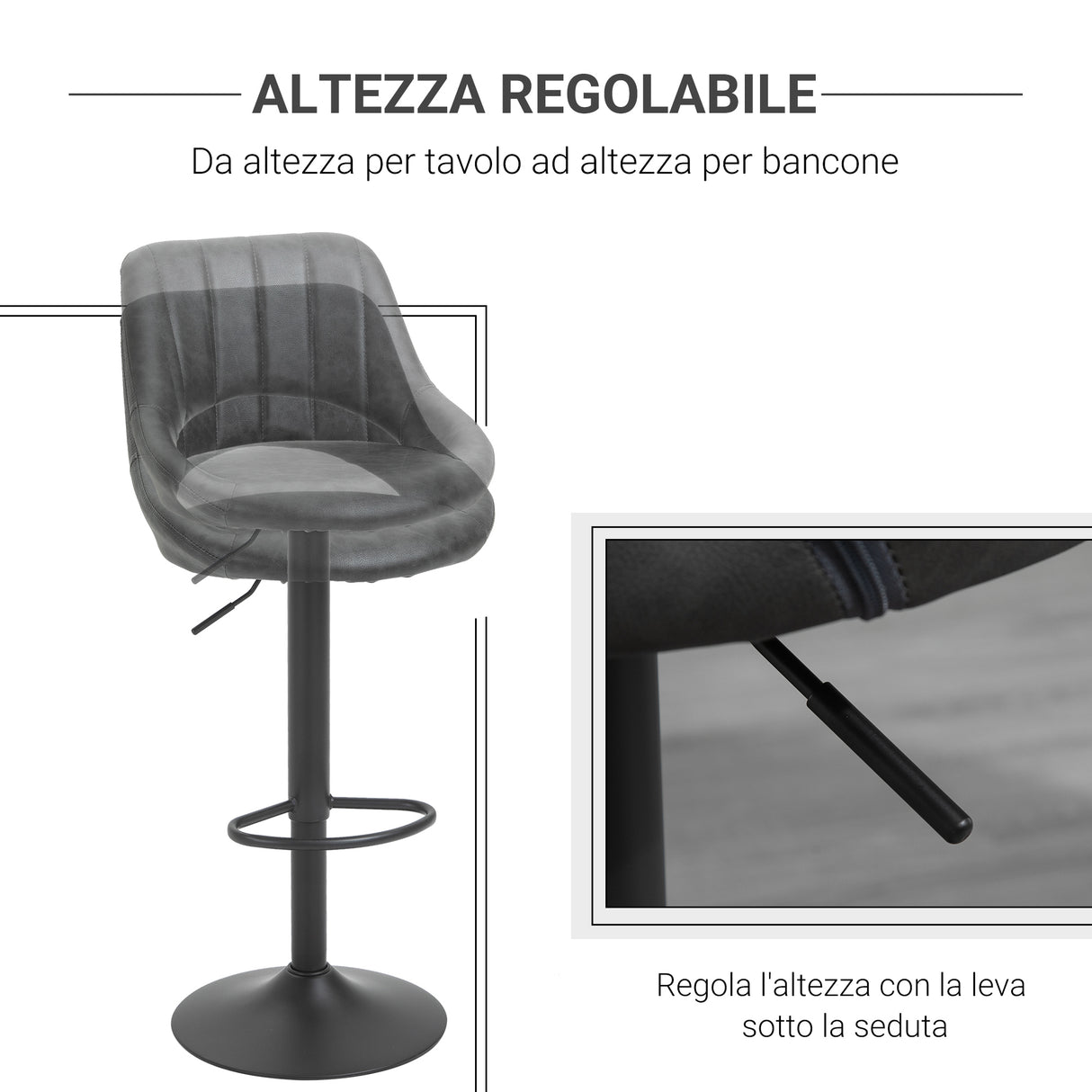 easycomfort easycomfort set 2 sgabelli da bar girevoli con schienale e poggiapiedi sgabelli alti moderni con altezza regolabile base in metallo seduta finta pelle grigia 44x49x90 110cm